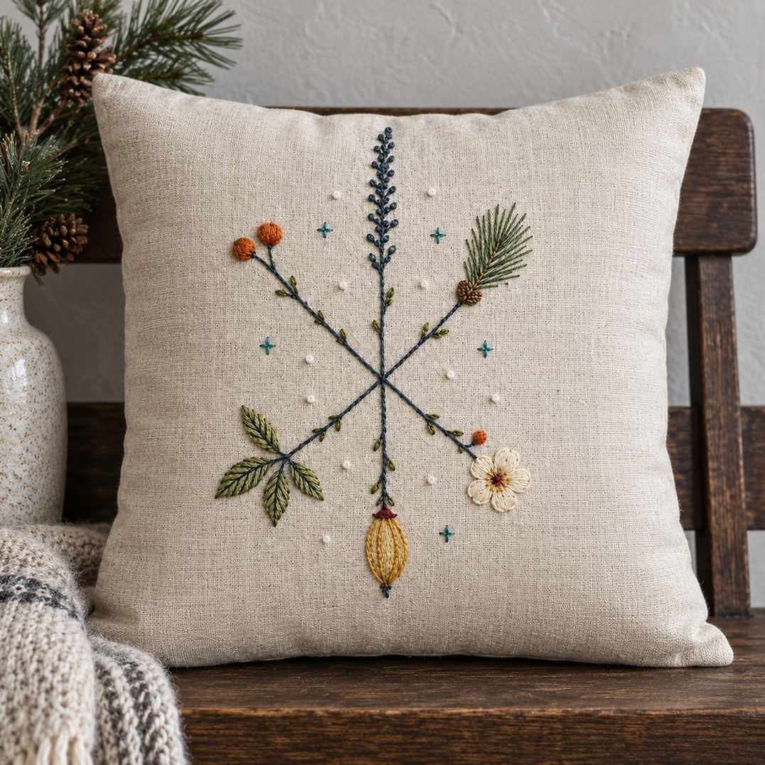 Linen cushion mockup featuring the Cross-Stem Winter Star hand embroidery design. Botanical spokes meet at a dark blue crossing, each ending in a different winter specimen.