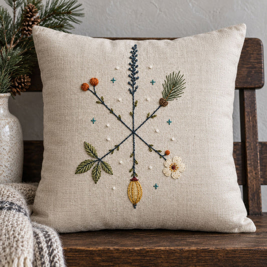 Linen cushion mockup featuring the Cross-Stem Winter Star hand embroidery design. Botanical spokes meet at a dark blue crossing, each ending in a different winter specimen.