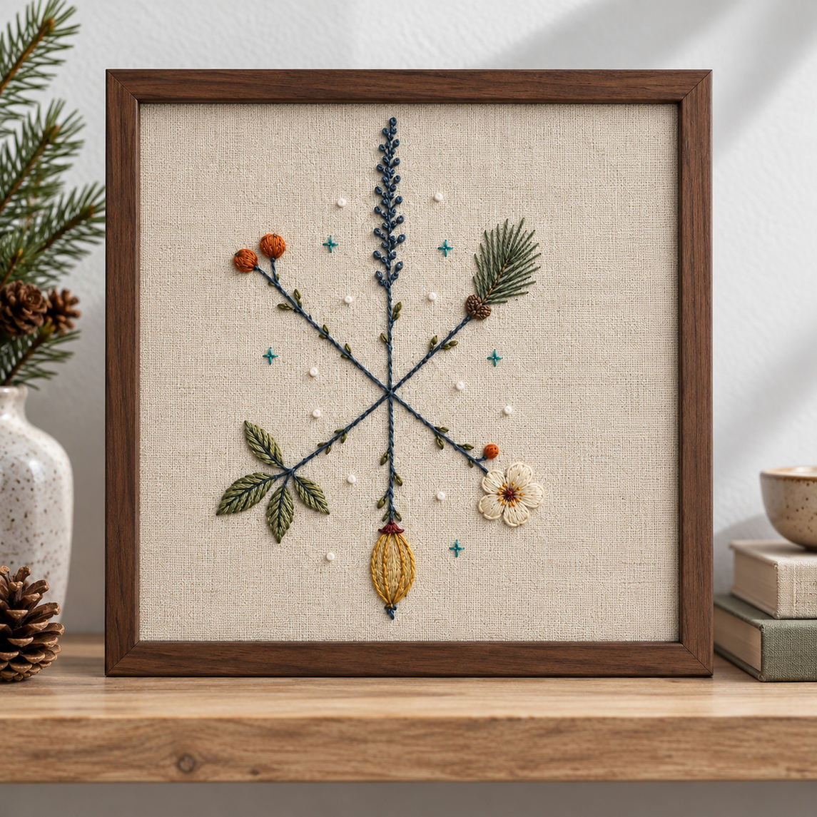 Framed botanical textile mockup featuring the Cross-Stem Winter Star hand embroidery design. Botanical spokes meet at a dark blue crossing, each ending in a different winter specimen.