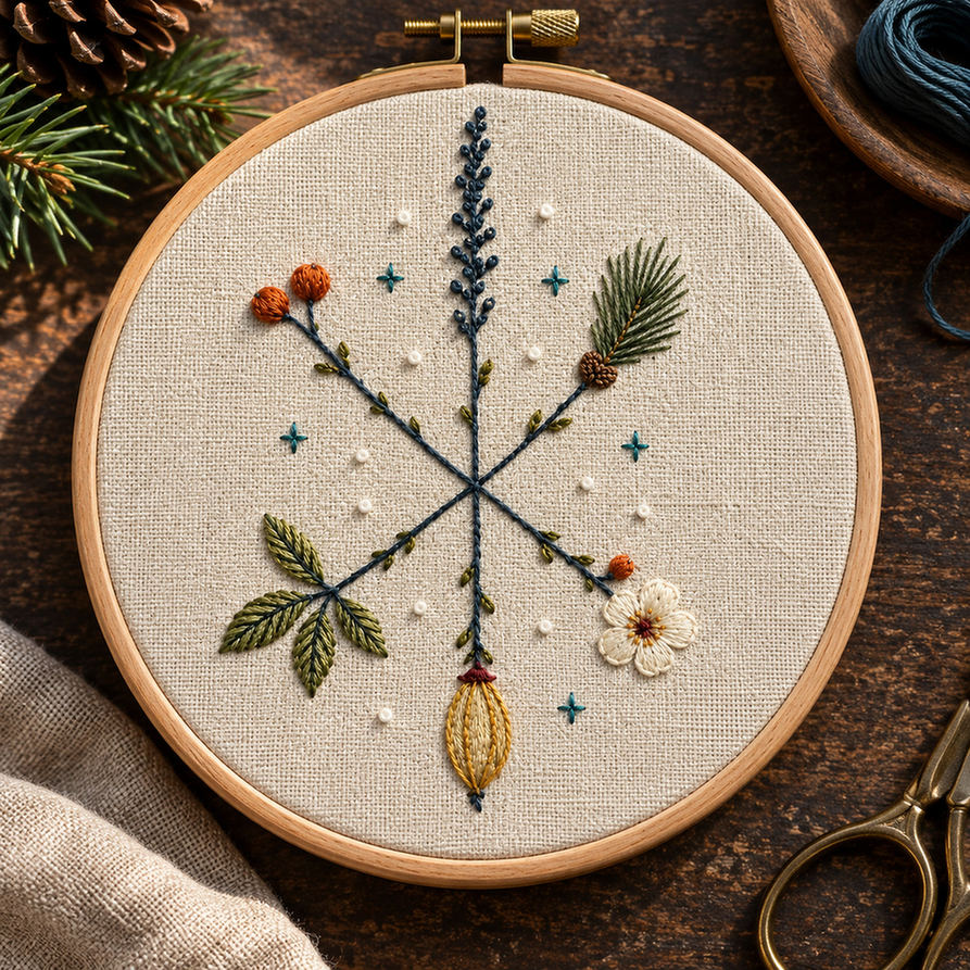 Embroidery hoop mockup featuring the Cross-Stem Winter Star hand embroidery design. Botanical spokes meet at a dark blue crossing, each ending in a different winter specimen.