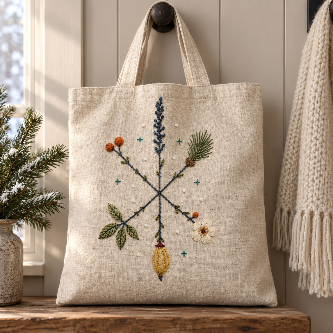 Linen tote bag mockup featuring the Cross-Stem Winter Star hand embroidery design. Botanical spokes meet at a dark blue crossing, each ending in a different winter specimen.