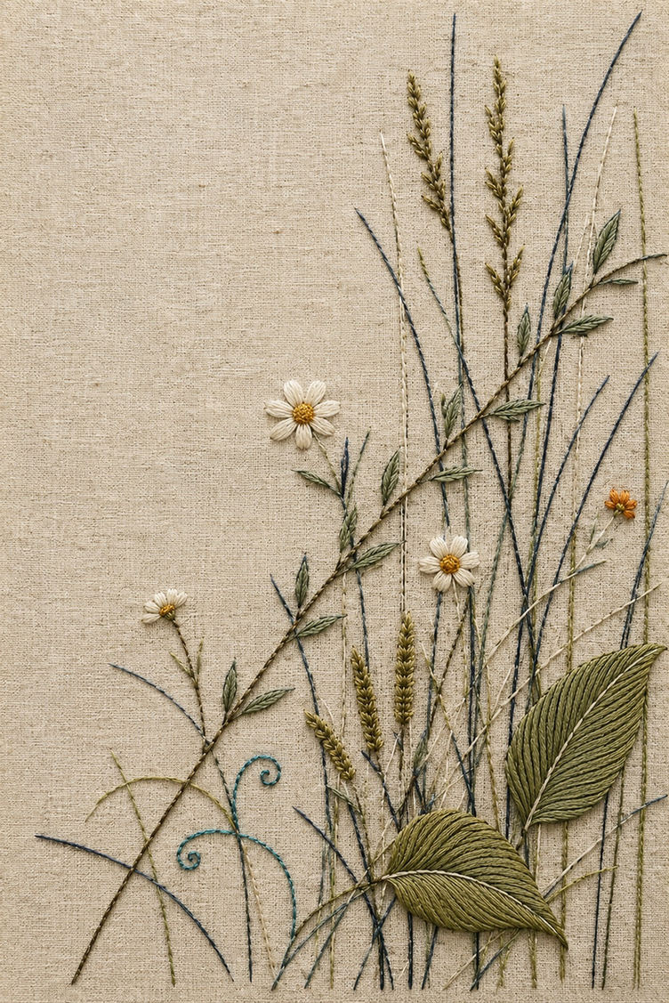 Illustrative embroidery design: Grasses, daisies and broad leaves cross at different angles in a low meadow corner.