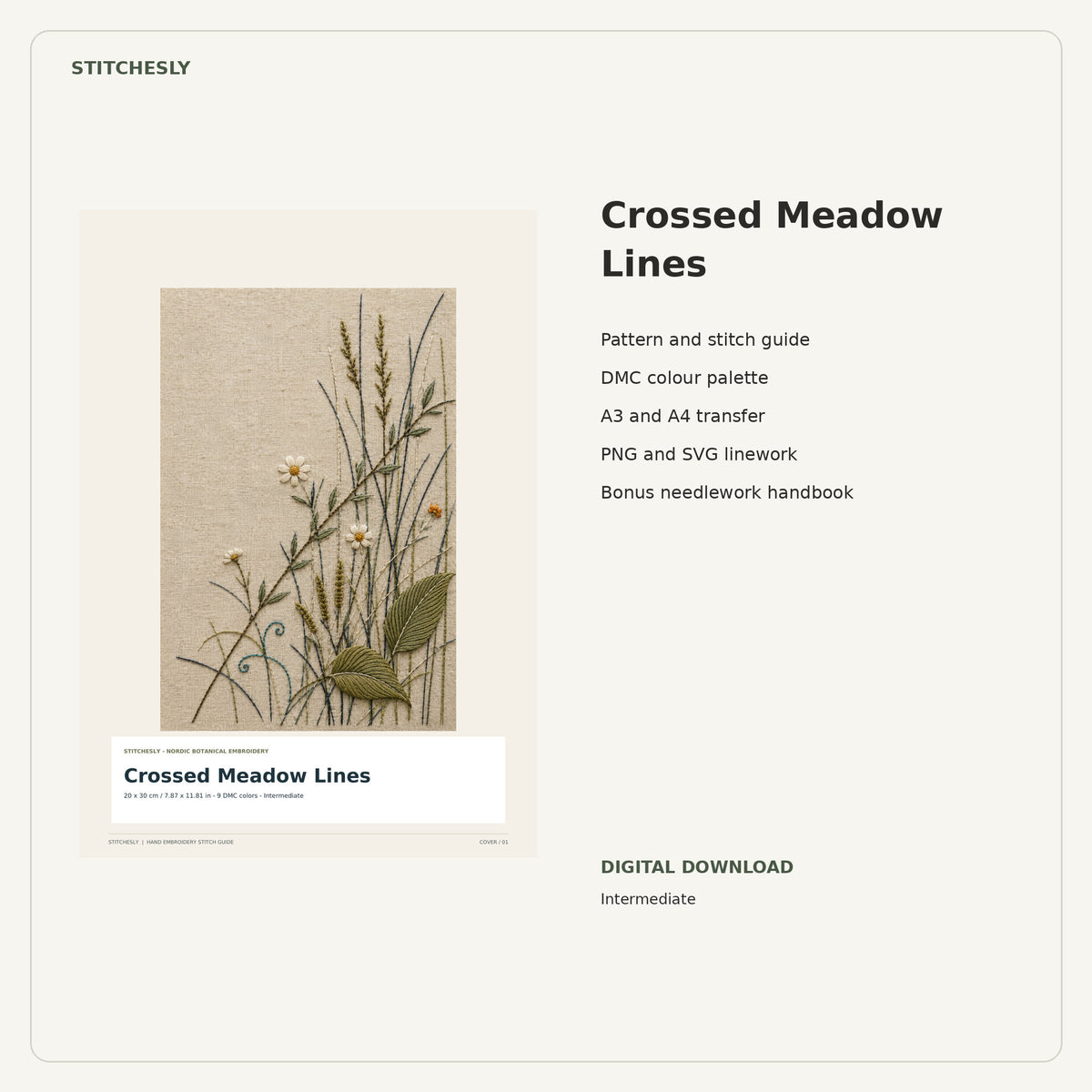Crossed Meadow Lines PDF stitch guide cover, pattern files and bonus needlework handbook.