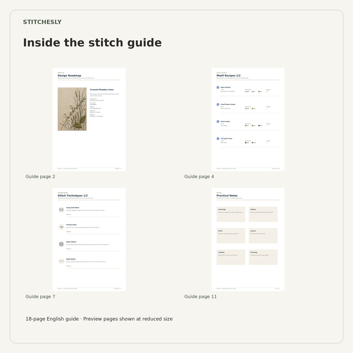 Four reduced-size preview pages from the 18-page Crossed Meadow Lines stitch guide.
