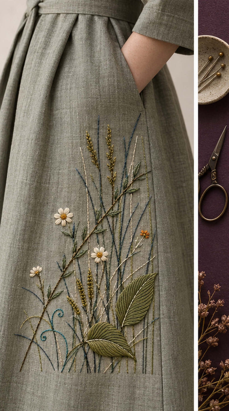 Linen skirt mockup featuring the Crossed Meadow Lines hand embroidery design. Grasses, daisies and broad leaves cross at different angles in a low meadow corner.