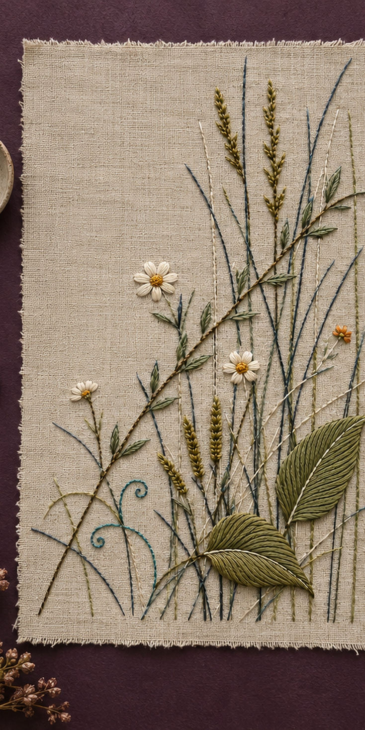 Botanical textile flat lay mockup featuring the Crossed Meadow Lines hand embroidery design. Grasses, daisies and broad leaves cross at different angles in a low meadow corner.