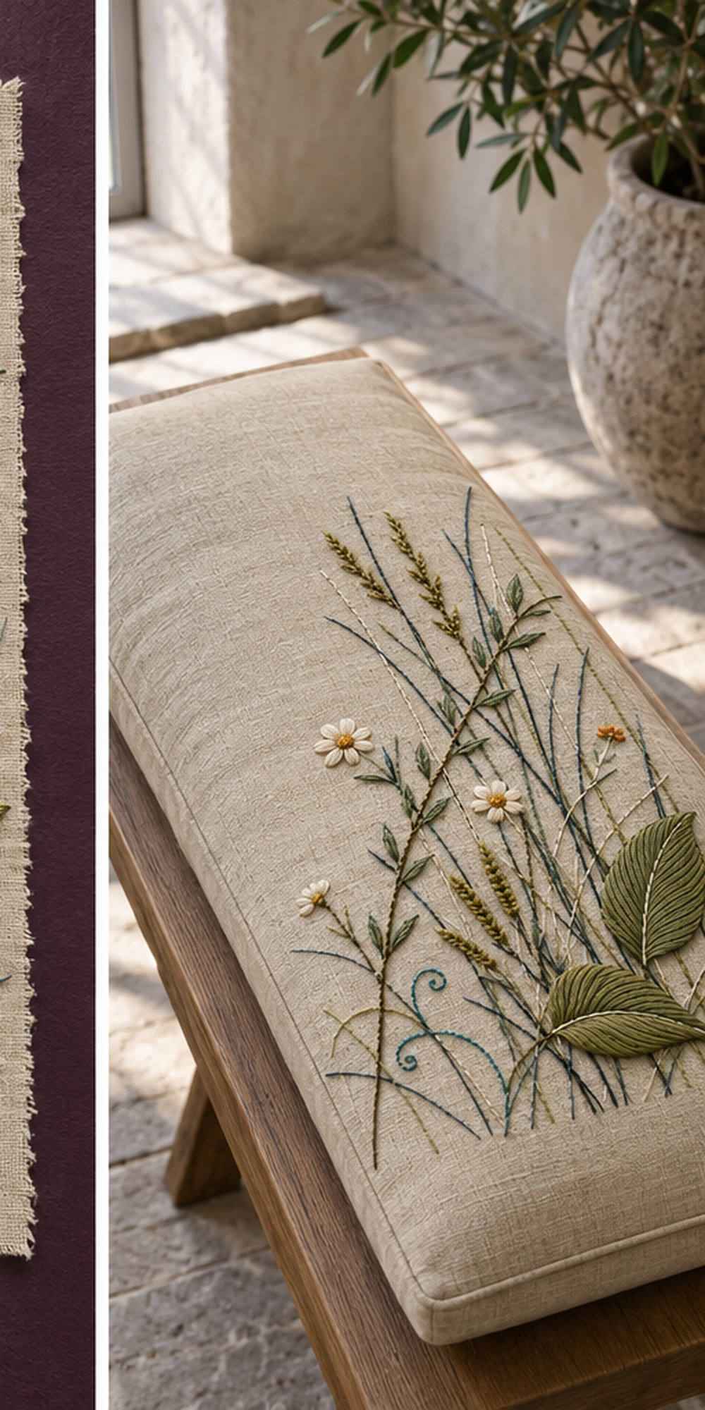 Linen notebook cover mockup featuring the Crossed Meadow Lines hand embroidery design. Grasses, daisies and broad leaves cross at different angles in a low meadow corner.