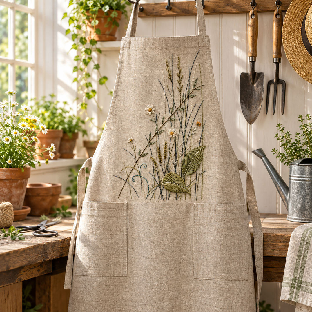 Linen apron mockup featuring the Crossed Meadow Lines hand embroidery design. Grasses, daisies and broad leaves cross at different angles in a low meadow corner.