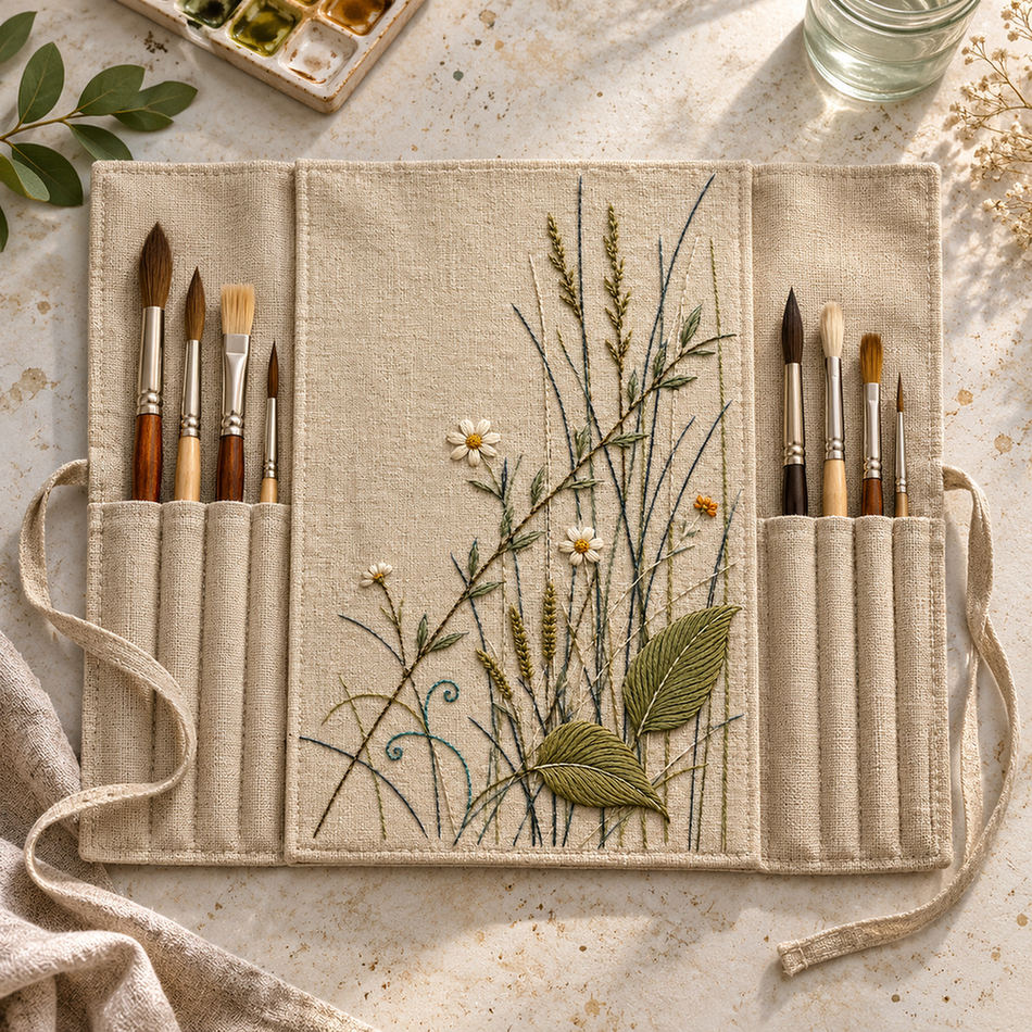 Fabric tool roll mockup featuring the Crossed Meadow Lines hand embroidery design. Grasses, daisies and broad leaves cross at different angles in a low meadow corner.