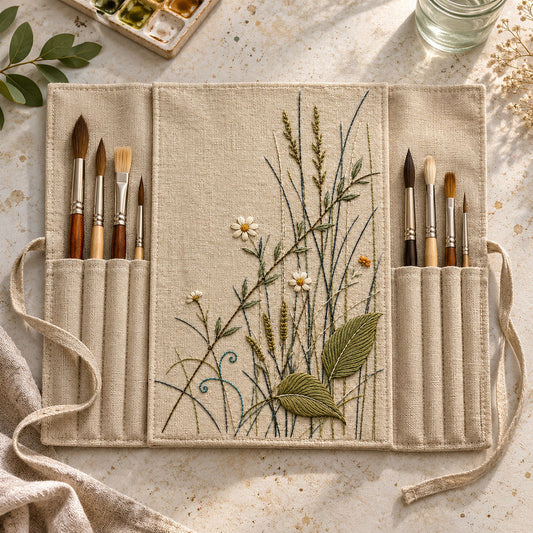 Fabric tool roll mockup featuring the Crossed Meadow Lines hand embroidery design. Grasses, daisies and broad leaves cross at different angles in a low meadow corner.
