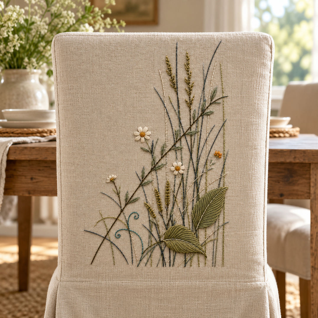 Linen panel on a chair mockup featuring the Crossed Meadow Lines hand embroidery design. Grasses, daisies and broad leaves cross at different angles in a low meadow corner.