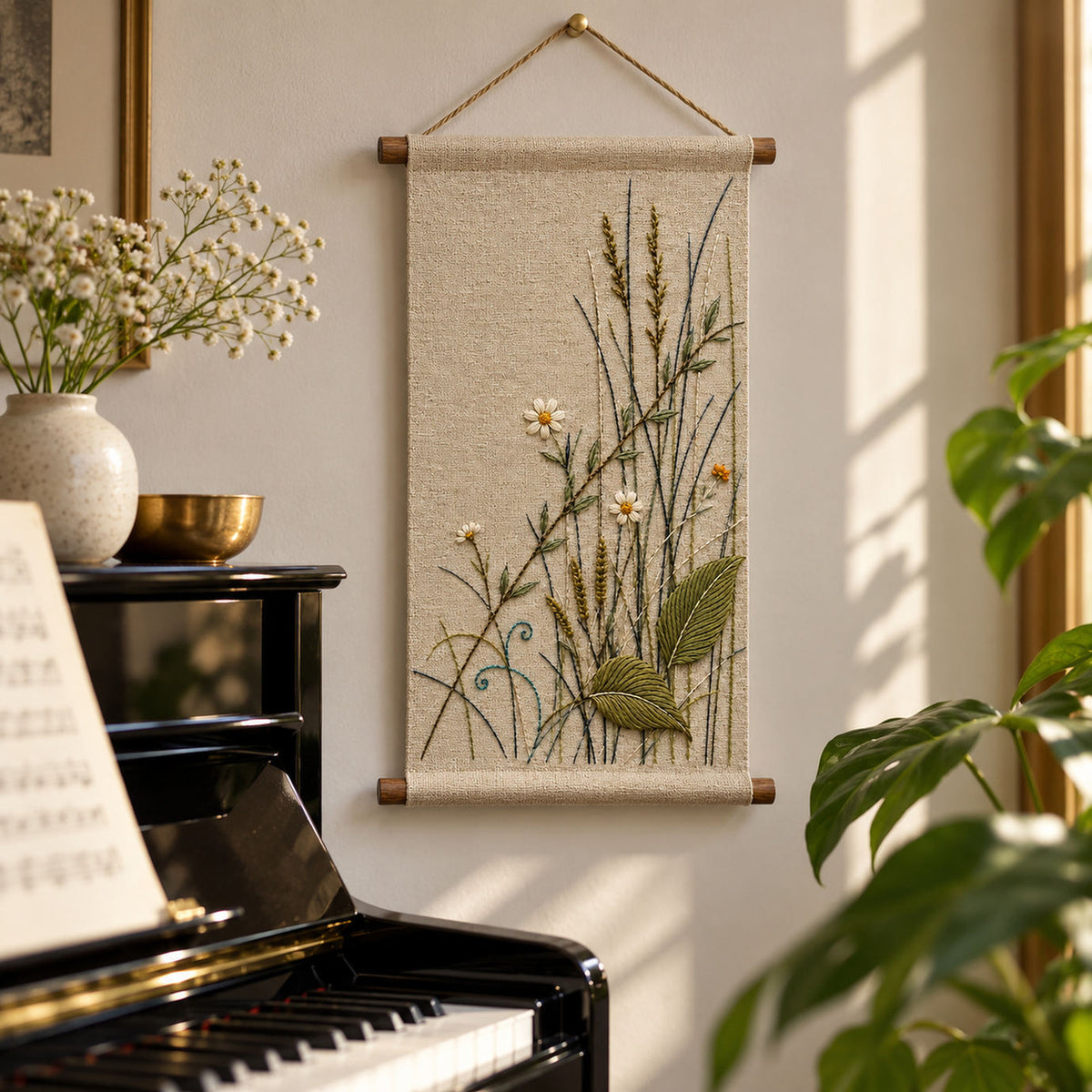 Hanging botanical panel mockup featuring the Crossed Meadow Lines hand embroidery design. Grasses, daisies and broad leaves cross at different angles in a low meadow corner.