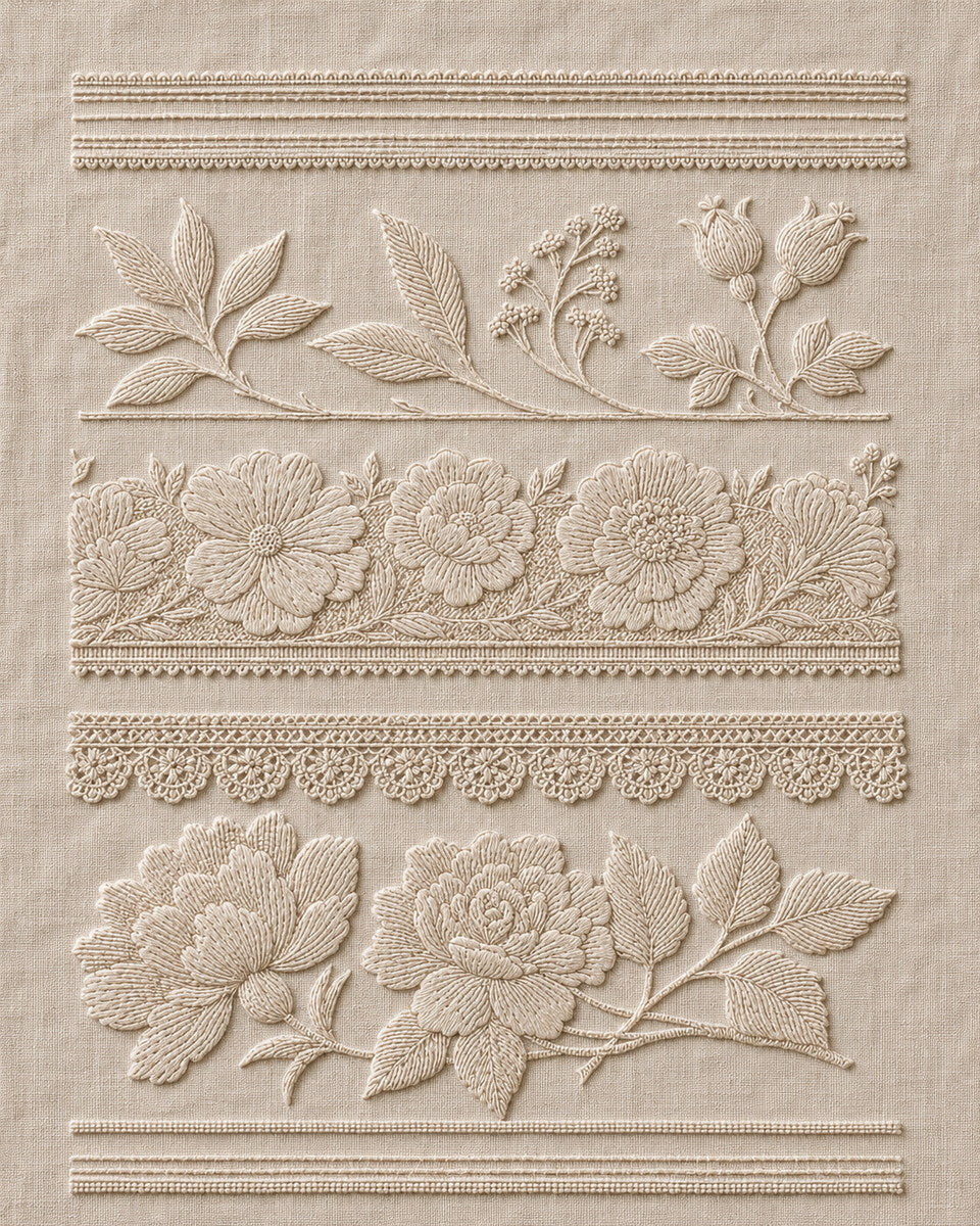 Cuff And Sleeve Motif Set from Neckline & Collar Embroidery Designs Book 4, a digital embroidery design reference for machine embroidery designs, embroidery patterns and garment placement ideas.