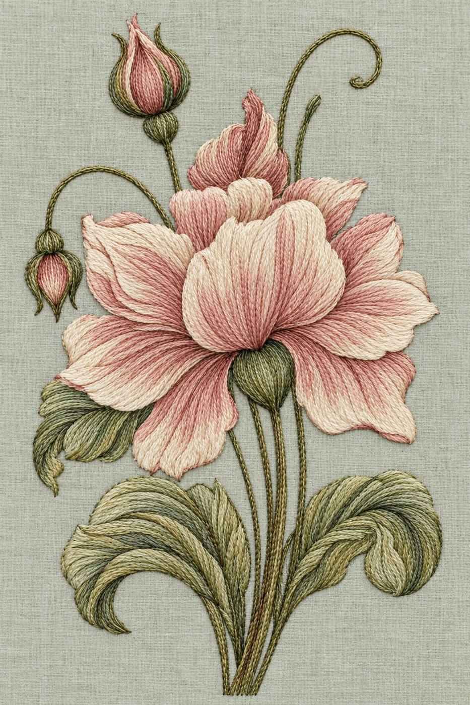 Digital embroidery visualization of a rose and ivory flower with curling buds on celadon linen.
