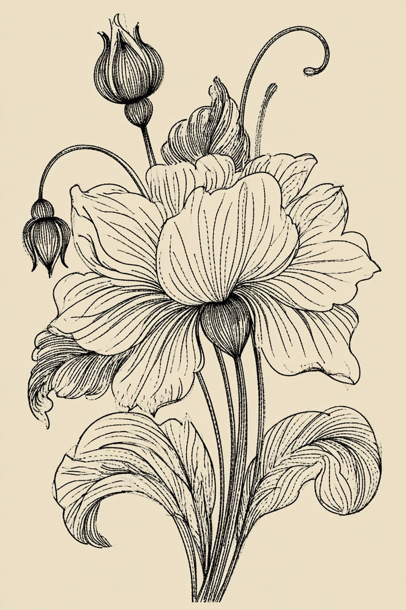 Original book drawing of a large stylized flower with curling buds and leaves.