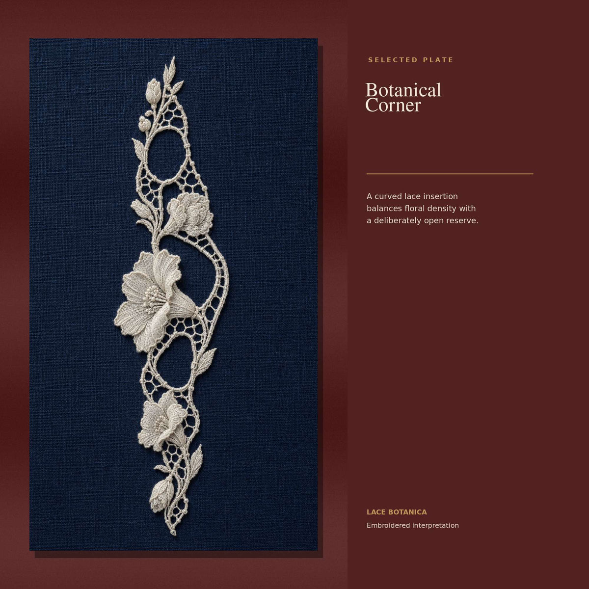 Curved botanical embroidered lace corner study on red textile
