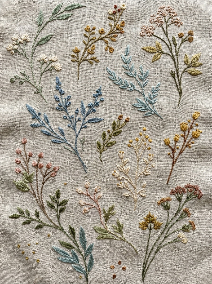 Curved Branch And Bouquet Library from Botanical Sprig Library Book 1, a digital embroidery design reference for machine embroidery designs, embroidery patterns and small motif and accent designs.