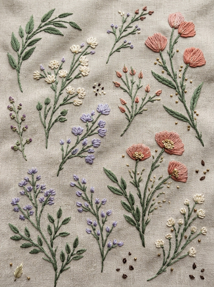 Curved Branches Tiny Bouquets And from Botanical Sprig Library Book 4, a digital embroidery design reference for machine embroidery designs, embroidery patterns and small motif and accent designs.
