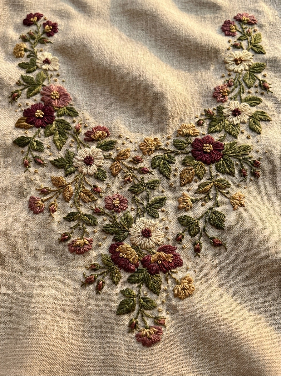 Curved Neckline Floral Border Neckline from Necklines & Collars Embroidery Book 2, a digital embroidery design reference for machine embroidery designs, embroidery patterns and border and edge embroidery.