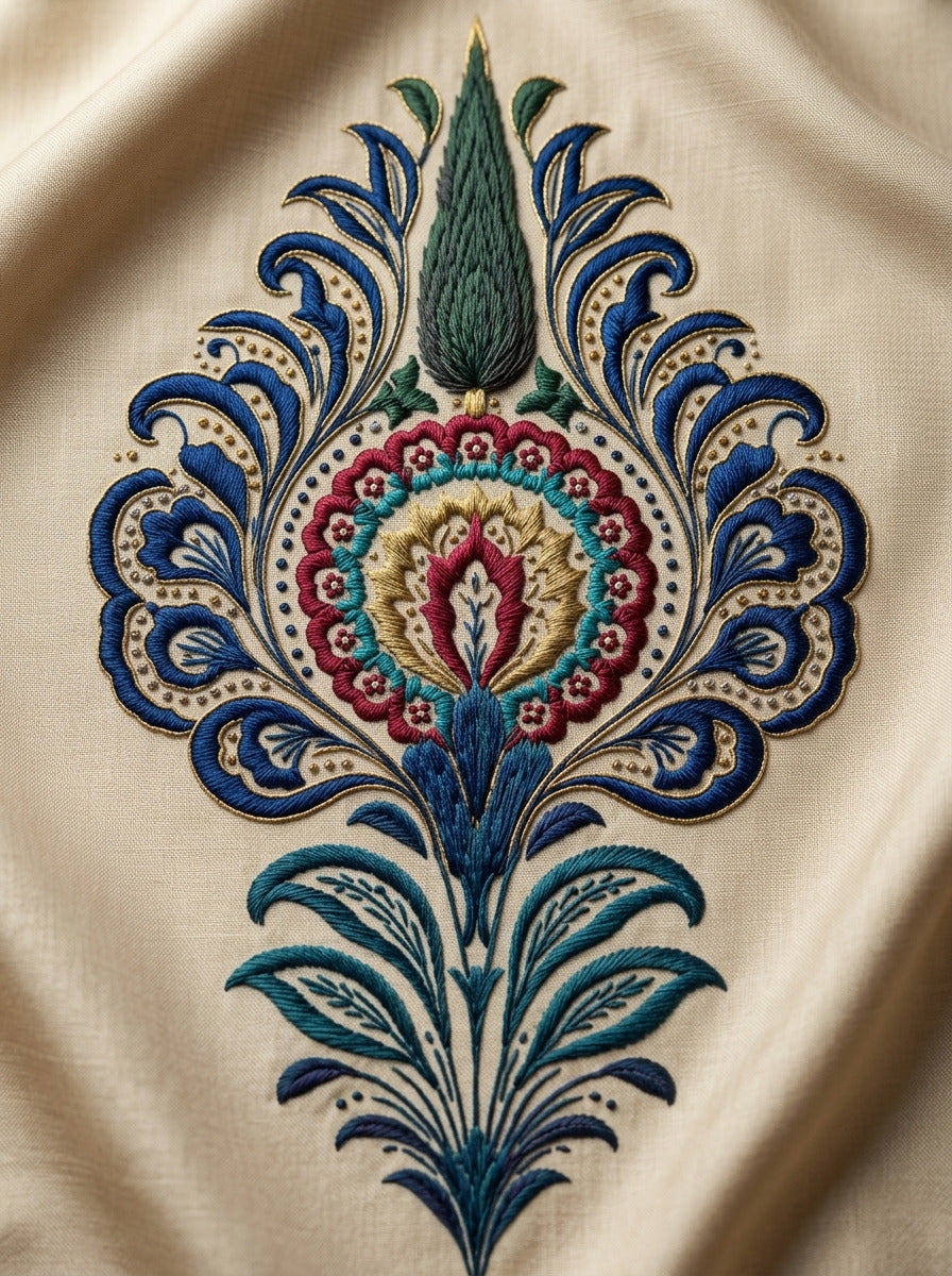 Cypress Floral Medallion Mughal And from Mughal & Persian Garden Embroidery Book 3, a digital embroidery design reference for machine embroidery designs, embroidery patterns and botanical and floral embroidery.