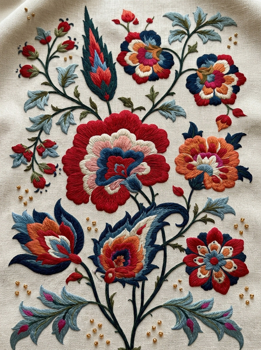 Cypress Garden Flowers And Ornamental from Mughal & Persian Garden Embroidery Book 3, a digital embroidery design reference for machine embroidery designs, embroidery patterns and botanical and floral embroidery.