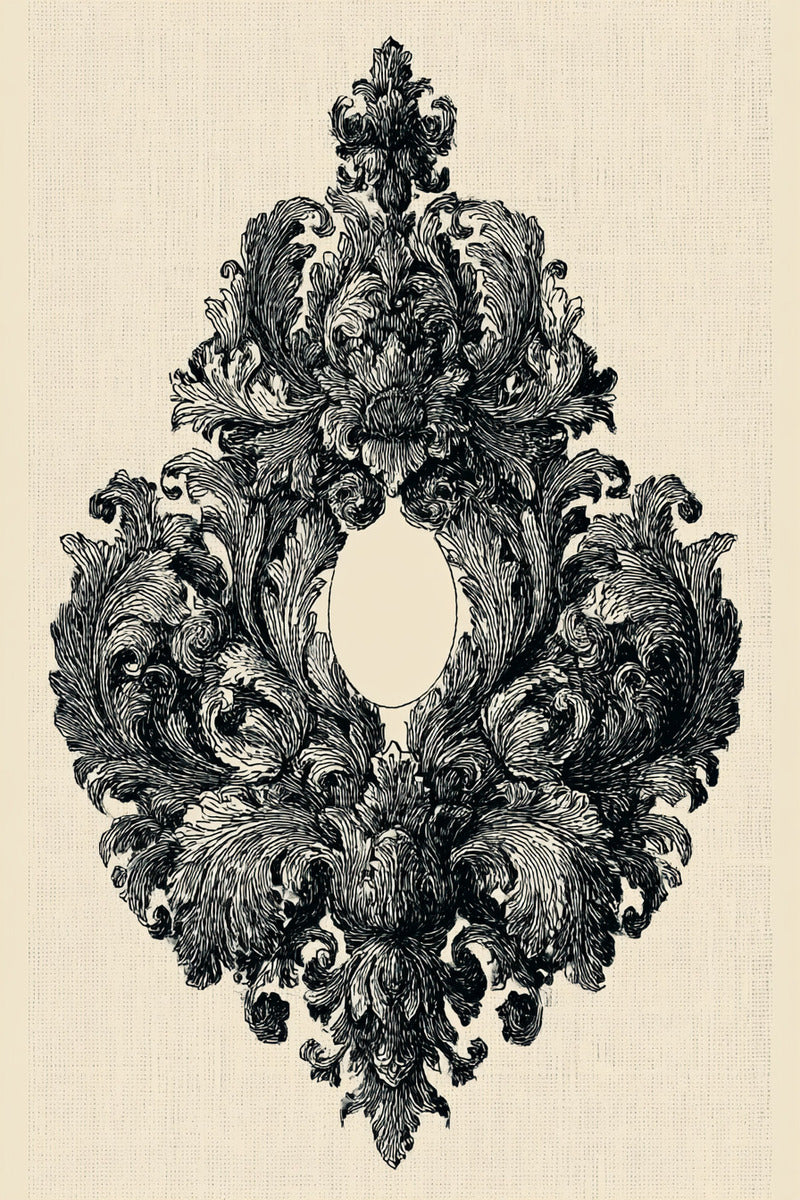 Damask Oval Ornament from Baroque Scrollwork & Luxury Ornament Book 4, a digital embroidery design reference for machine embroidery designs, embroidery patterns and embroidery design reference.