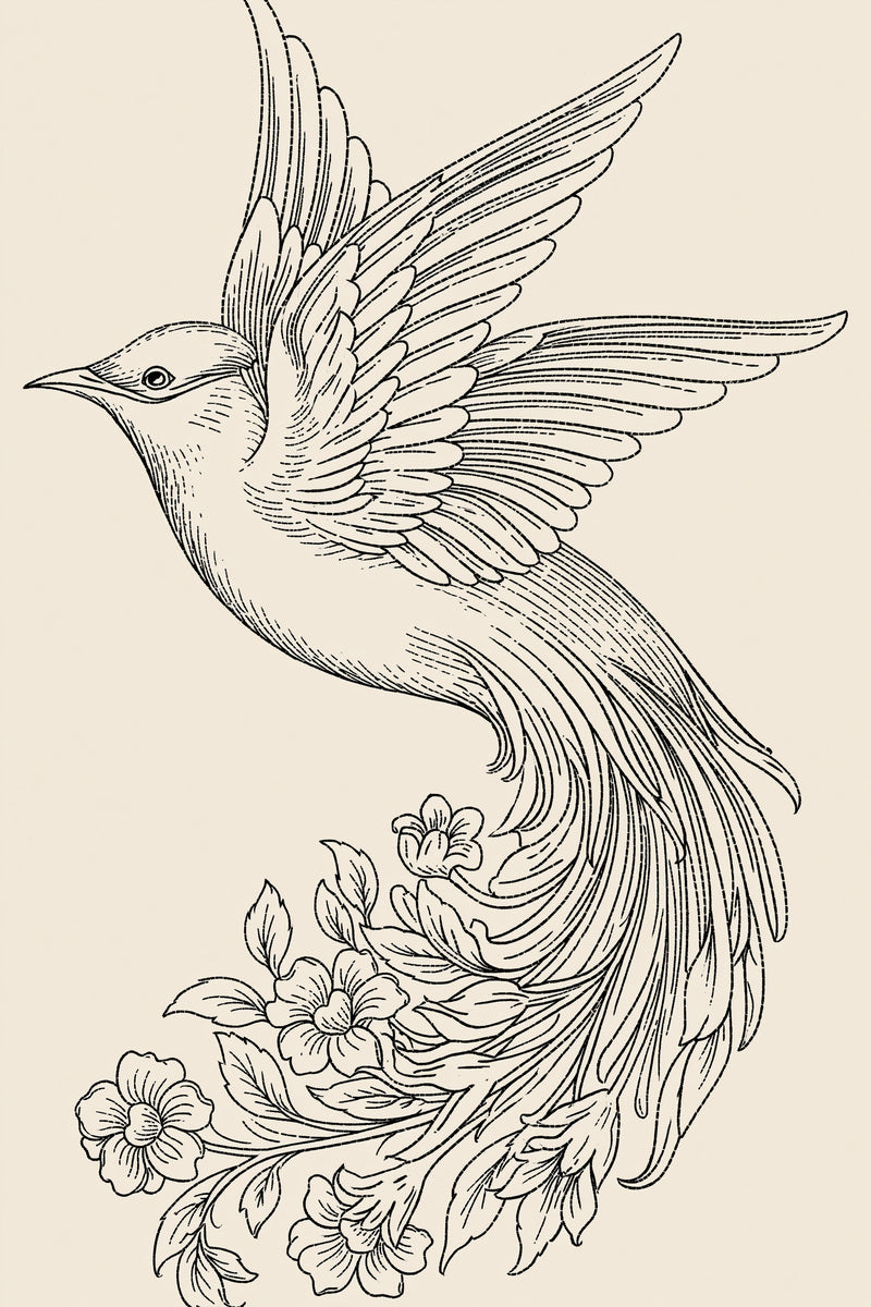 Decorative Bird With Floral Tail from Birds Embroidery Book 3, a digital embroidery design reference for machine embroidery designs, embroidery patterns and botanical and floral embroidery.