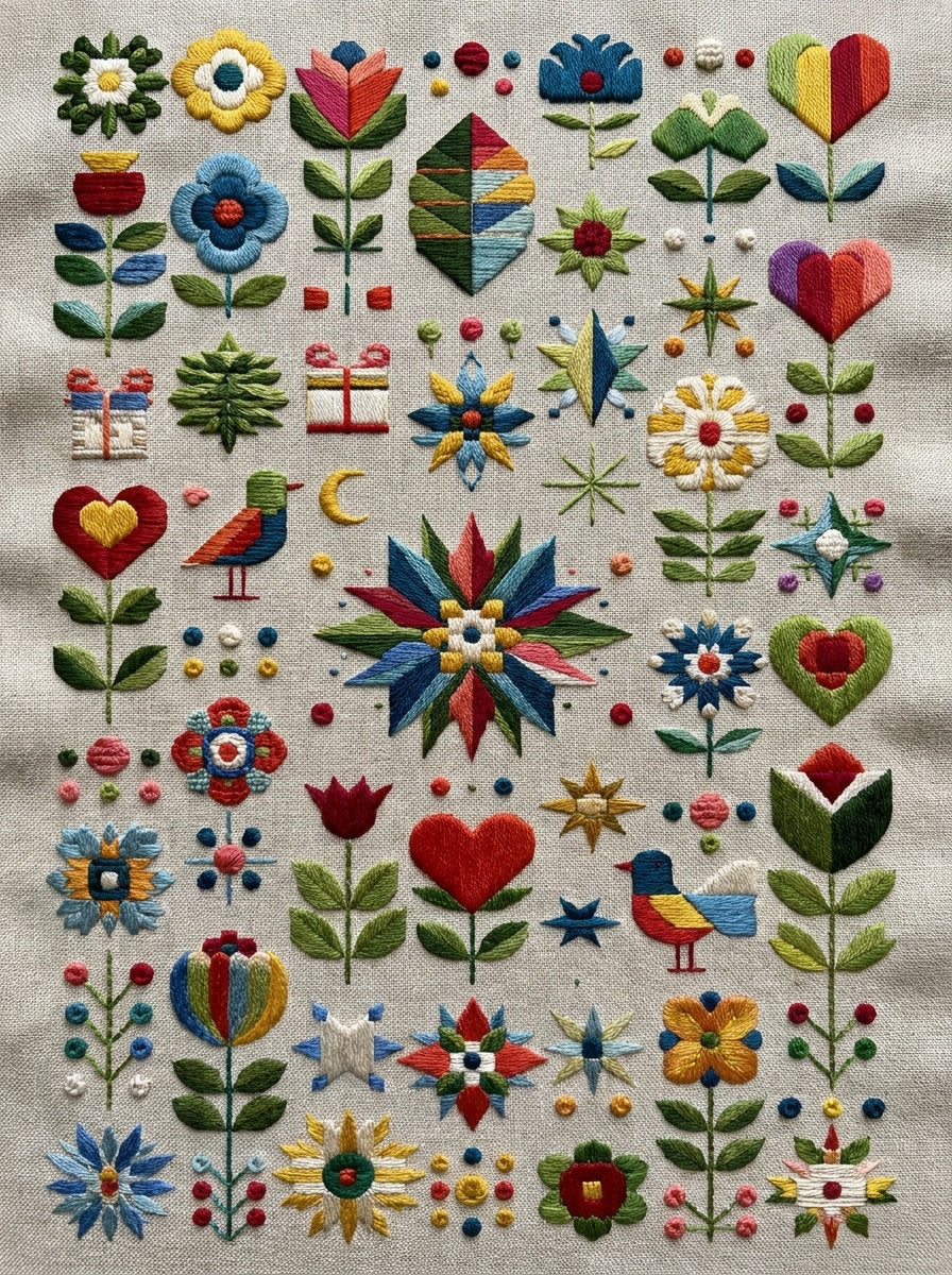 Decorative Colorwork Symbol Sampler Modern from Modern Colorwork Embroidery Book 4, a digital embroidery design reference for machine embroidery designs, embroidery patterns and embroidery design reference.