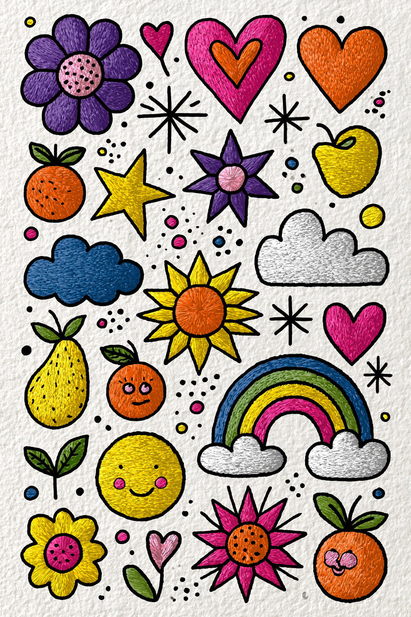 Decorative Playful Symbol Sampler Color from Color Pop Patches & Playful Motifs Book 1, a digital embroidery design reference for machine embroidery designs, embroidery patterns and embroidery design reference.