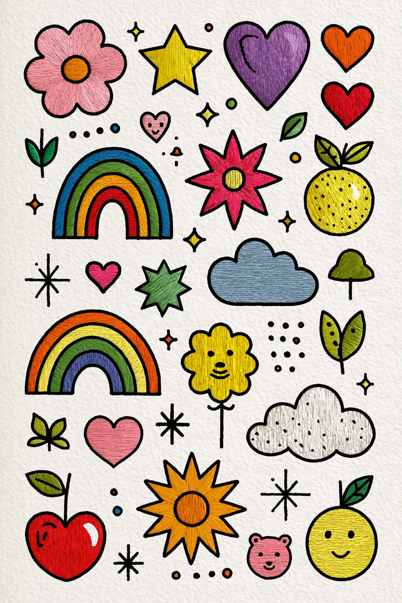 Decorative Playful Symbol Sampler Color from Color Pop Patches & Playful Motifs Book 6, a digital embroidery design reference for machine embroidery designs, embroidery patterns and embroidery design reference.