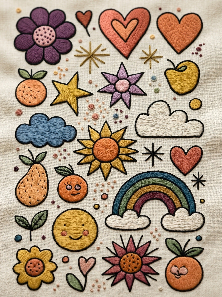 Decorative Playful Symbol Sampler Color from Color Pop Patches & Playful Motifs Book 1, a digital embroidery design reference for machine embroidery designs, embroidery patterns and embroidery design reference.