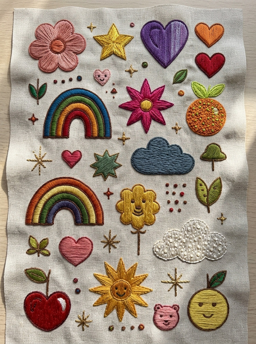 Decorative Playful Symbol Sampler Color from Color Pop Patches & Playful Motifs Book 6, a digital embroidery design reference for machine embroidery designs, embroidery patterns and embroidery design reference.