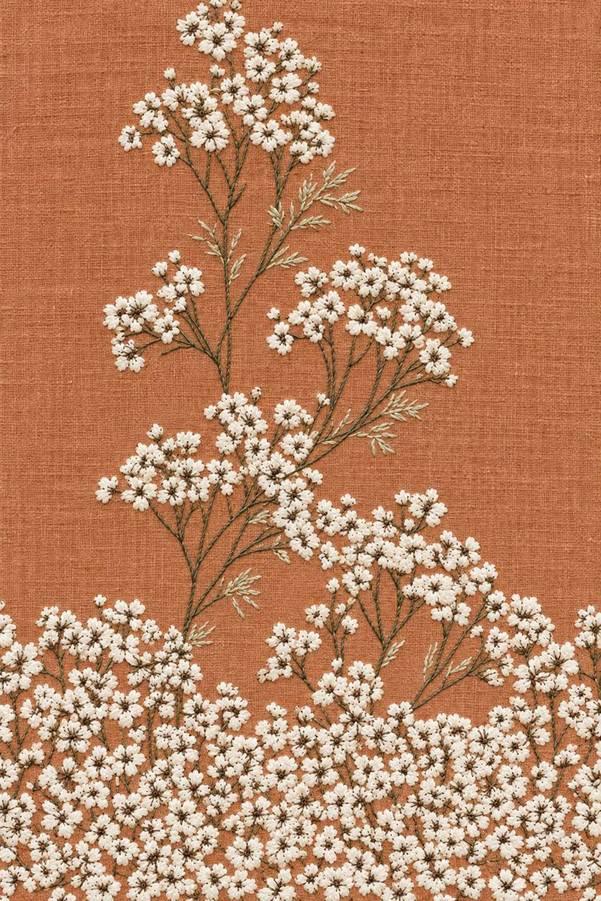 Digital embroidery visualization of delicate ivory floral sprays on muted terracotta linen.