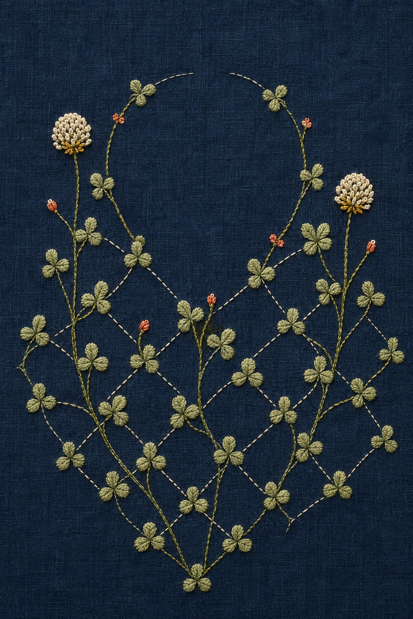 Illustrative embroidery design: Clover vines climb through an incomplete diamond lattice on indigo linen.