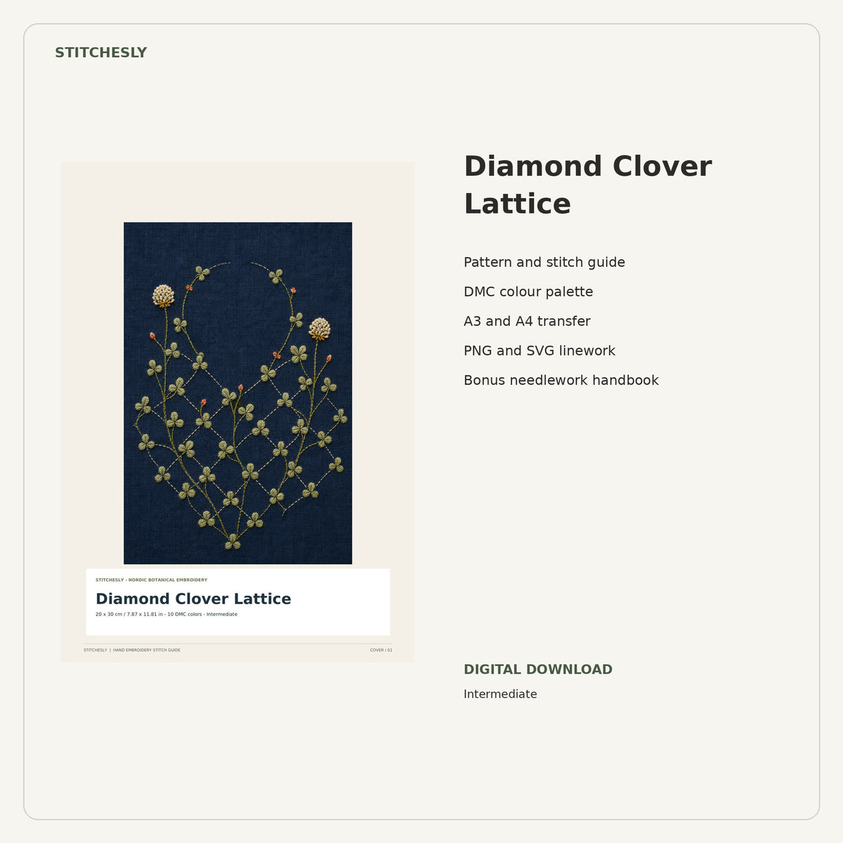 Diamond Clover Lattice PDF stitch guide cover, pattern files and bonus needlework handbook.