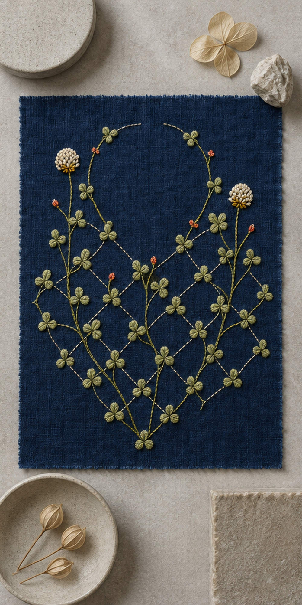 Navy textile flat lay mockup featuring the Diamond Clover Lattice hand embroidery design. Clover vines climb through an incomplete diamond lattice on indigo linen.