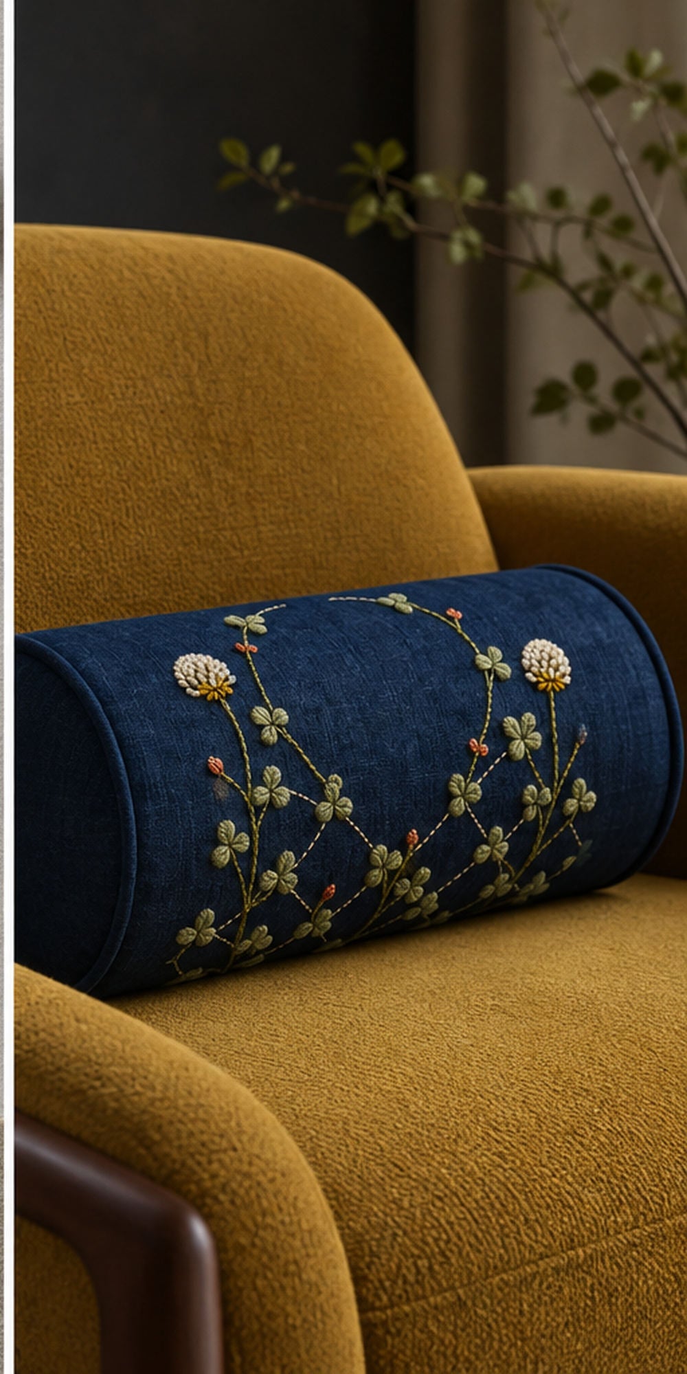 Navy cushion on a chair mockup featuring the Diamond Clover Lattice hand embroidery design. Clover vines climb through an incomplete diamond lattice on indigo linen.
