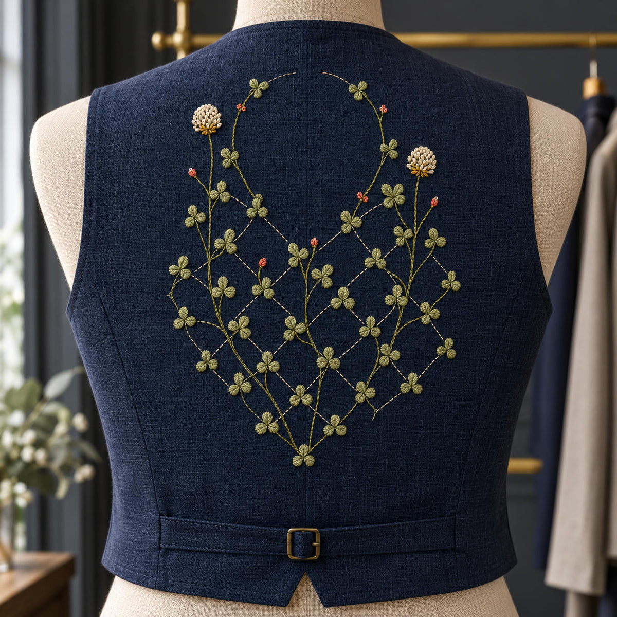 Navy linen jacket mockup featuring the Diamond Clover Lattice hand embroidery design. Clover vines climb through an incomplete diamond lattice on indigo linen.