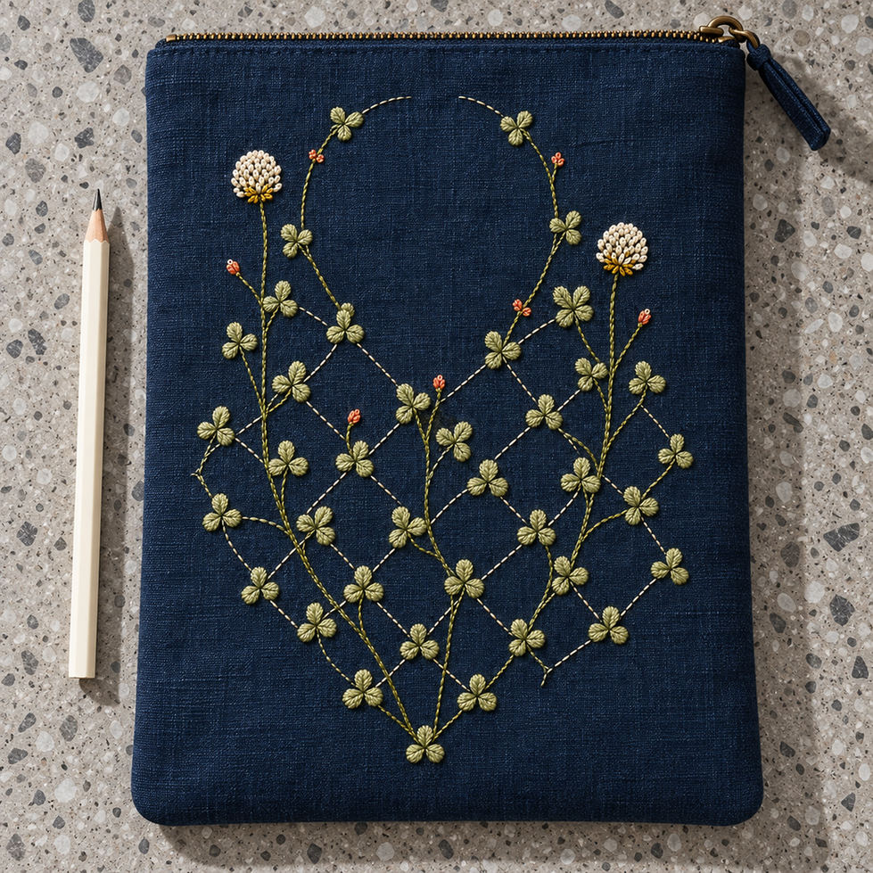 Navy linen notebook cover mockup featuring the Diamond Clover Lattice hand embroidery design. Clover vines climb through an incomplete diamond lattice on indigo linen.