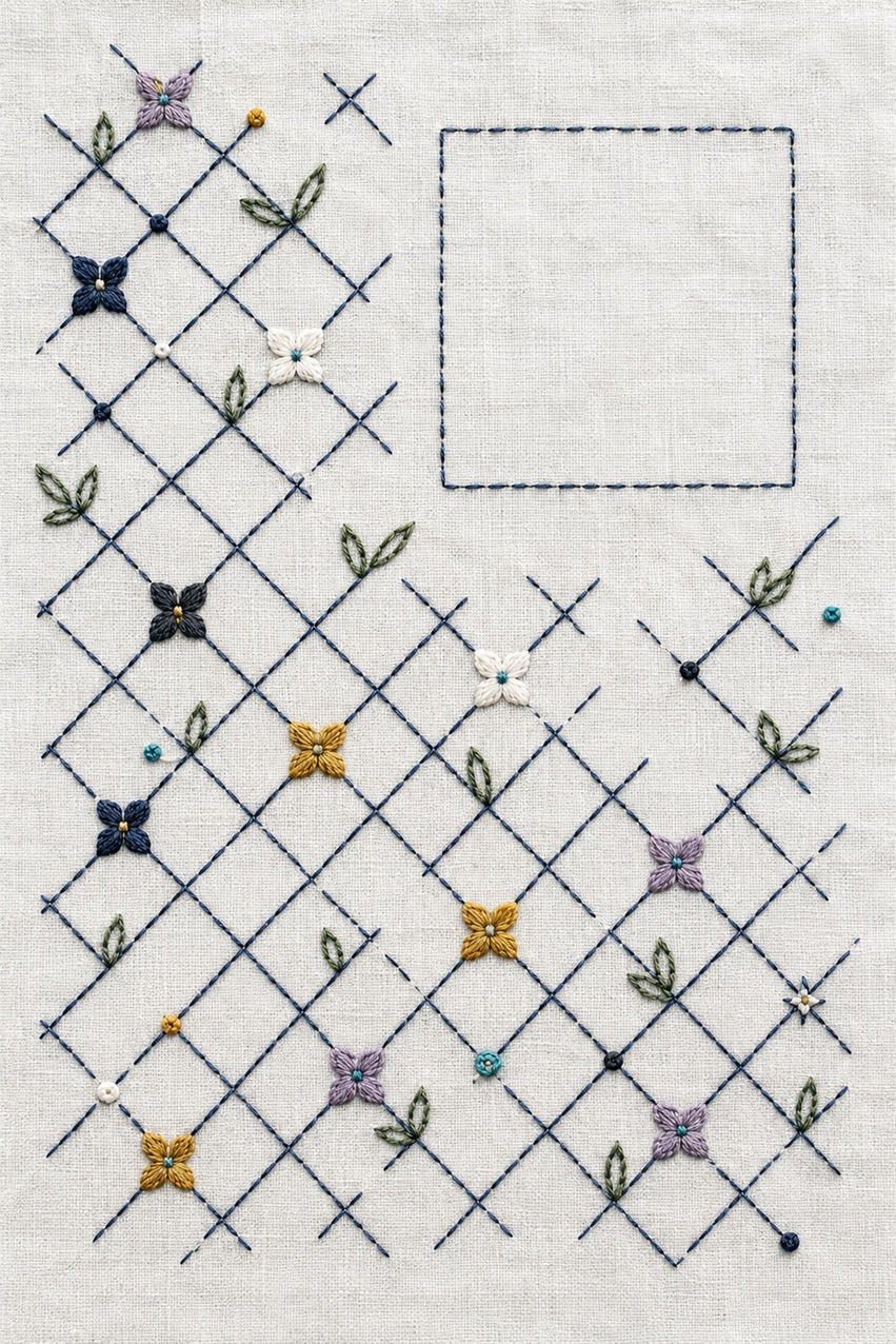 Illustrative embroidery design: An indigo diagonal lattice carries small rosettes, paired leaves and knot accents beside a clear upper-right square.