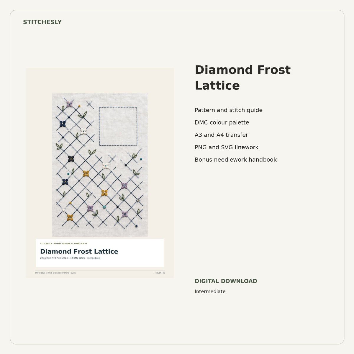 Diamond Frost Lattice PDF stitch guide cover, pattern files and bonus needlework handbook.