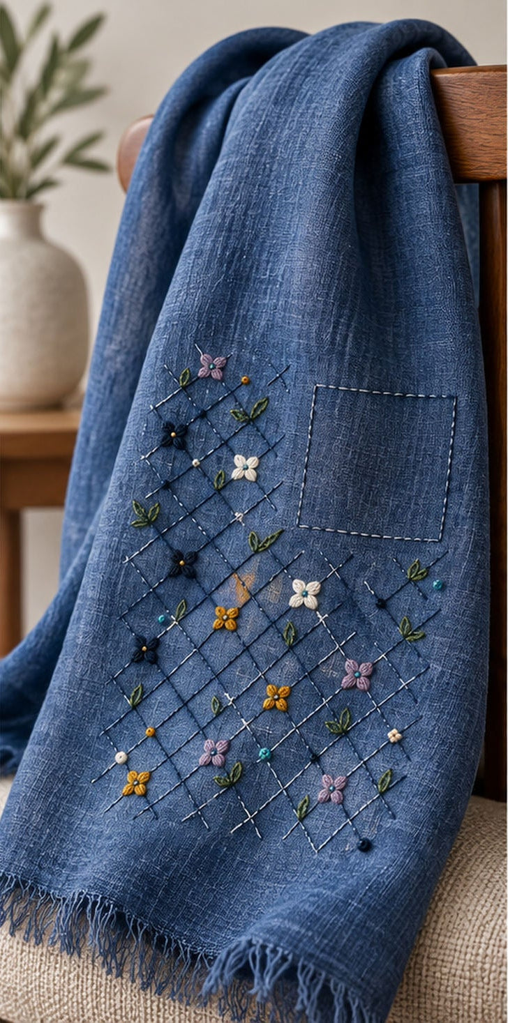 Blue linen garment mockup featuring the Diamond Frost Lattice hand embroidery design. An indigo diagonal lattice carries small rosettes, paired leaves and knot accents beside a clear upper-right square.