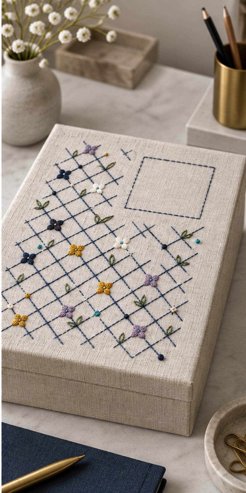 Linen notebook cover mockup featuring the Diamond Frost Lattice hand embroidery design. An indigo diagonal lattice carries small rosettes, paired leaves and knot accents beside a clear upper-right square.
