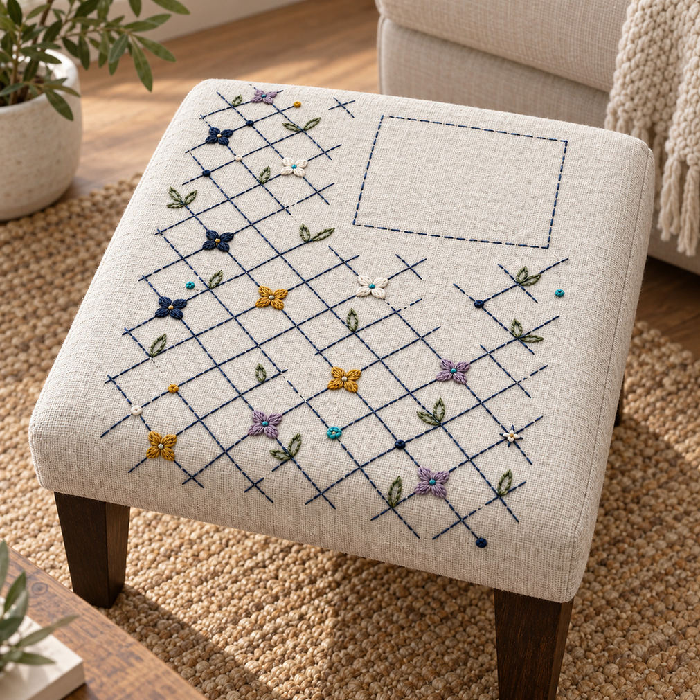 Linen cushion mockup featuring the Diamond Frost Lattice hand embroidery design. An indigo diagonal lattice carries small rosettes, paired leaves and knot accents beside a clear upper-right square.