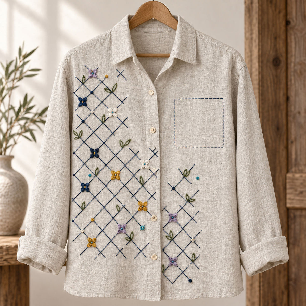 Light linen shirt mockup featuring the Diamond Frost Lattice hand embroidery design. An indigo diagonal lattice carries small rosettes, paired leaves and knot accents beside a clear upper-right square.