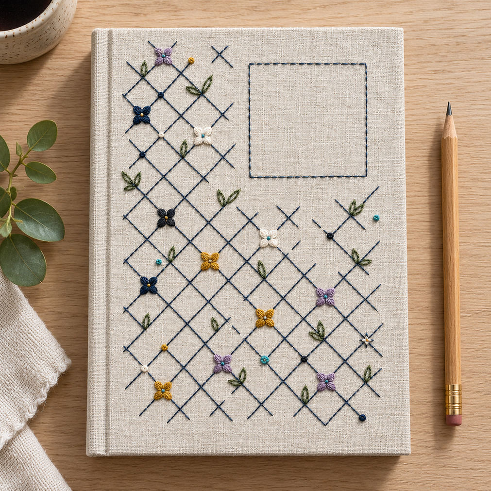 Framed geometric textile mockup featuring the Diamond Frost Lattice hand embroidery design. An indigo diagonal lattice carries small rosettes, paired leaves and knot accents beside a clear upper-right square.
