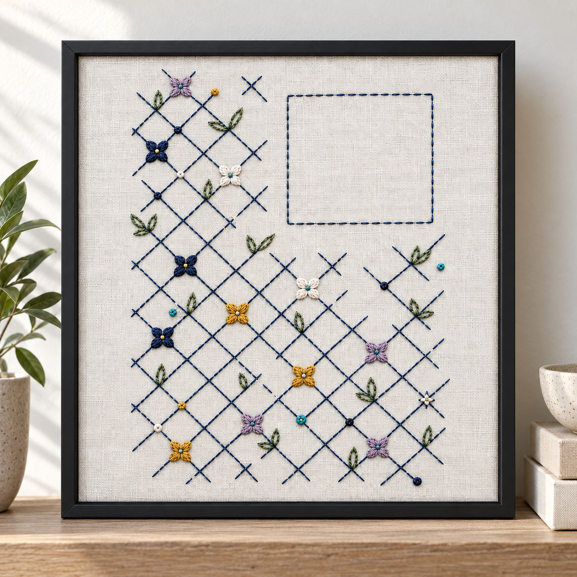 Linen notebook cover mockup featuring the Diamond Frost Lattice hand embroidery design. An indigo diagonal lattice carries small rosettes, paired leaves and knot accents beside a clear upper-right square.