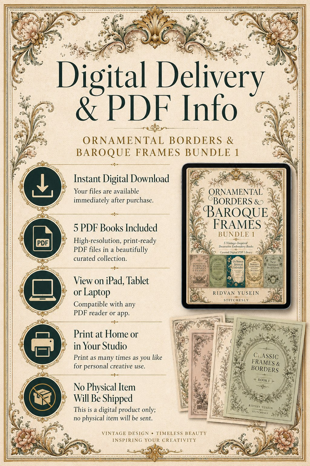 Digital PDF embroidery design bundle cover preview for Ornamental Borders & Baroque Frames Bundle 1, featuring curated embroidery patterns, motif library references and textile… - preview 11