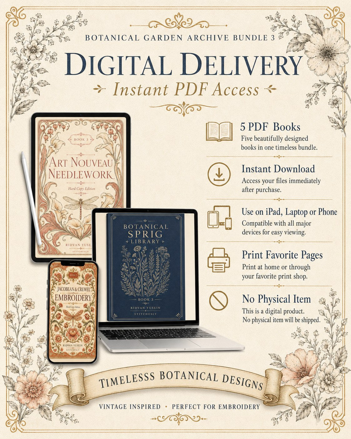 Digital PDF embroidery design bundle cover preview for Botanical Garden Archive Bundle 3, featuring curated embroidery patterns, motif library references and textile design… - preview 11