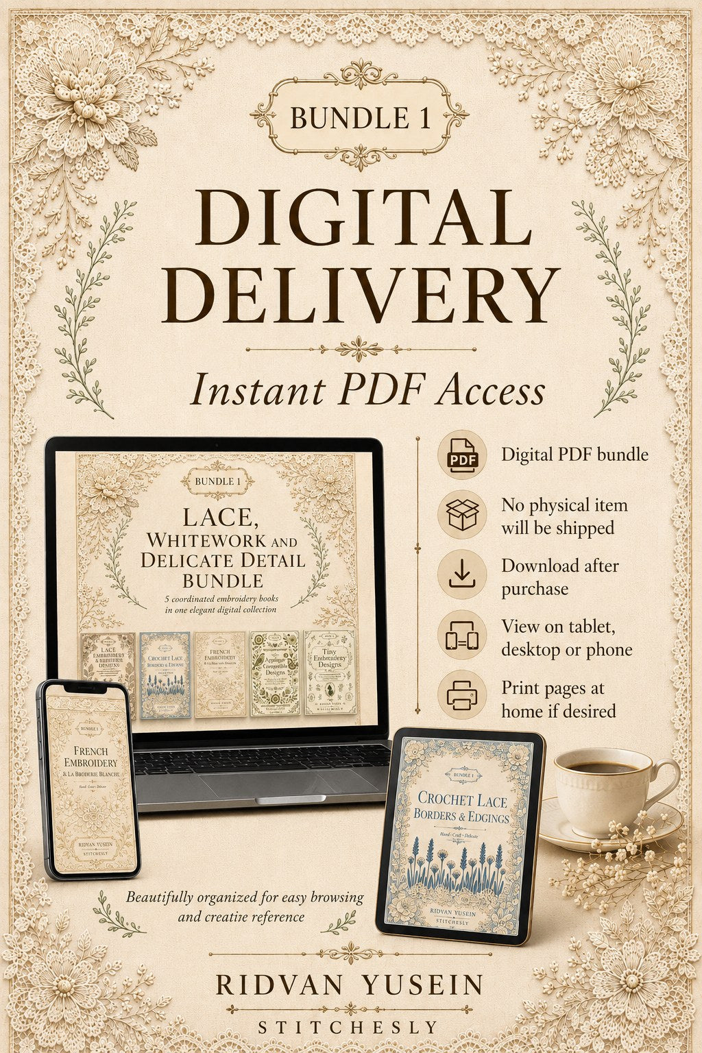 Digital PDF embroidery design bundle cover preview for Lace, Whitework & Delicate Detail Bundle 1, featuring curated embroidery patterns, motif library references and textile… - preview 11